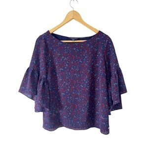 Tommy Hilfiger Navy Red Floral Print Scoop Neckline Bell Sleeves Blouse